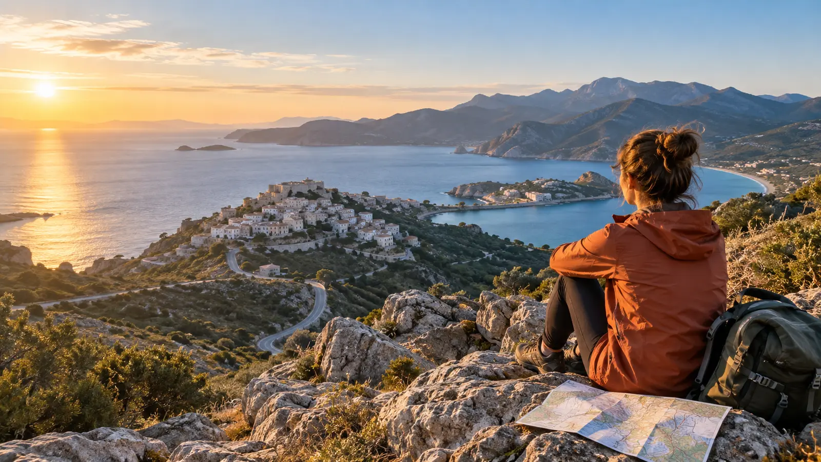 Voyageuse face à une côte méditerranéenne au lever du soleil